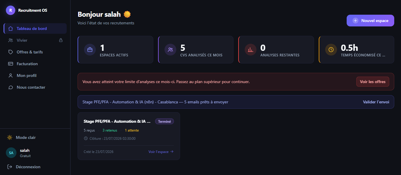 Aperçu du dashboard Jenoxa Recruitment